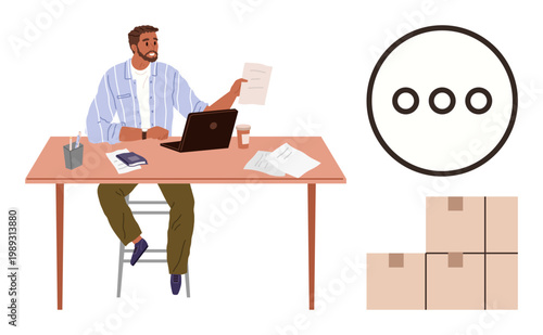 Business planning, workspace organization, logistics, delivery management, remote work, communication systems. A man reviews papers at a desk with a laptop and nearby boxes. Business planning