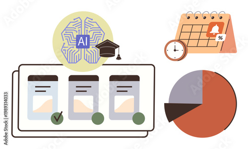 AI-powered learning, time management, educational planning, automation, progress tracking, decision making. AI brain symbol, charts calendar and checklist. AI-powered learning and time management