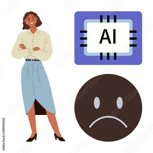 Artificial intelligence, emotional impact, technology advancements, human interaction, emotions, ethical dilemmas. Woman standing confidently next to AI chip and sad face symbol. Artificial