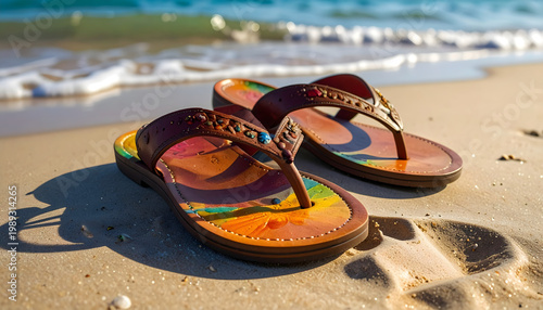 Leather flip flops and colorful sandals left on the sand near the water edge with footprints in the soft sand generative AI