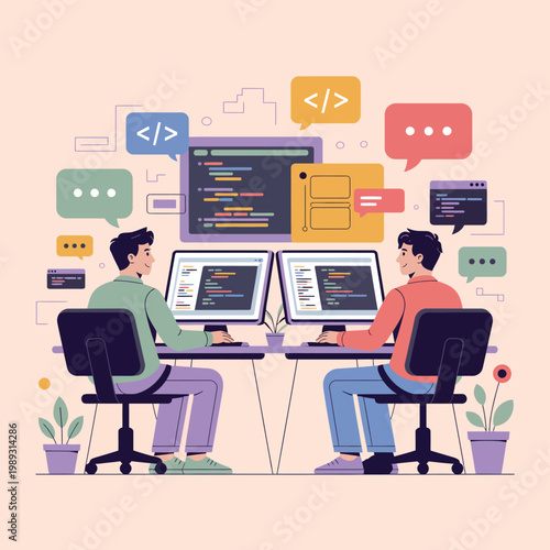 Programmers work together at their desks while writing complex code on modern computer monitors.