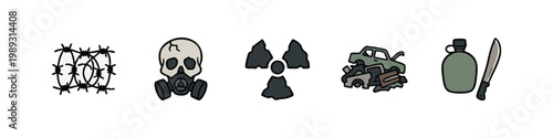Post-apocalyptic survival icons: barbed wire, gas mask, radiation, junk car, machete