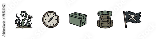Survival and exploration icons: thorny bush, compass, ammo box, backpack, pirate flag