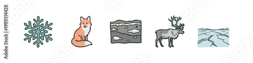 Hand-drawn set of arctic and winter elements. Snowflake, fox, permafrost, reindeer, and cracked ice doodle icons.