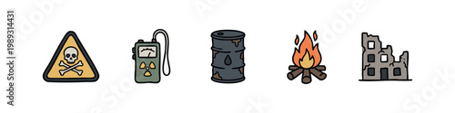 Dystopian icons: biohazard warning, Geiger counter, oil drum, campfire, ruined building
