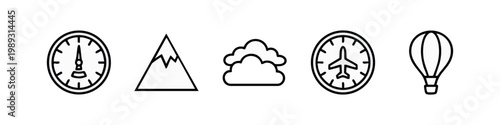 Line art icons for travel and adventure: speedometer, mountain, cloud, airplane clock, hot air balloon
