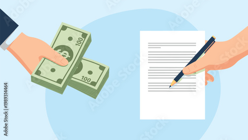 Hands exchanging money and a contract while signing a document with a pen, depicting a professional business transaction.