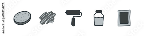 Grayscale icons for art and creation: disc, scribble, paint roller, bottle, frame