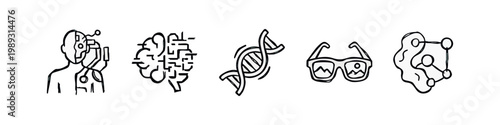 Doodle icons for science and technology: cyborg, brain network, DNA, VR glasses, molecular structure