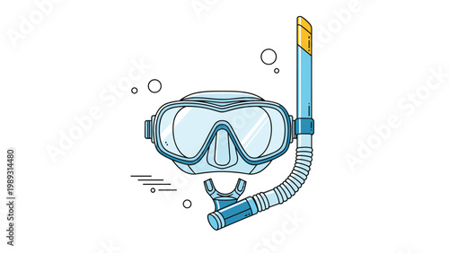 Blue and white scuba diving mask with a matching snorkel and bubbles, representing underwater exploration and sports.