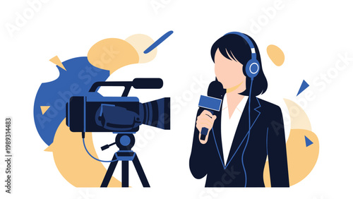 Professional news reporter woman with a headset and microphone standing in front of a video camera on a tripod.