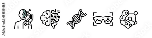 Line art icons for science and technology: cyborg, brain network, DNA, VR glasses, molecular structure