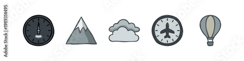 Grayscale icons for travel and adventure: speedometer, mountain, cloud, airplane clock, hot air balloon