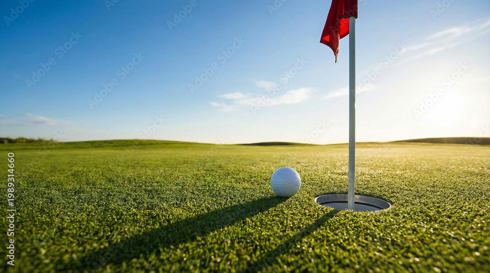 Obraz premium Golf Ball Near Hole on Sunny Day on Lush Green Course