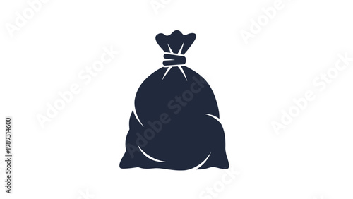 Simple silhouette illustration of dark black sack or drawstring bag tied at top against solid white background for storage theme.