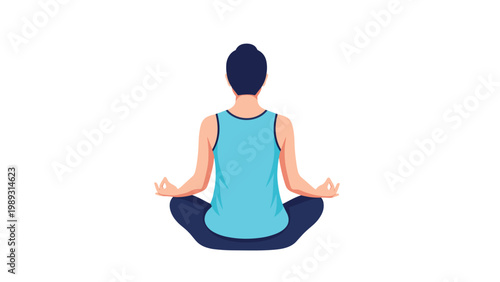 Serene rear view illustration of man sitting in cross legged yoga pose for meditation and mindfulness against white background.