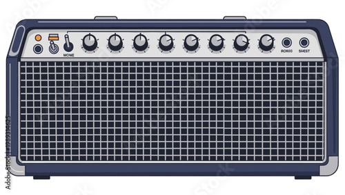 Vintage style electric guitar amplifier with various control knobs and a mesh grill, rendered in a detailed pixel art aesthetic.