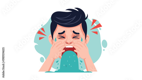 Cartoon illustration of a young boy with his mouth open wide, crying and experiencing nausea or sickness with green liquid.