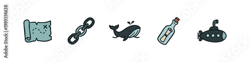 Maritime and Adventure Icons: Map, Chain, Whale, Message Bottle, Sub