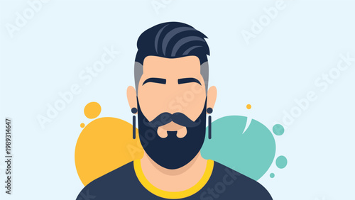 Modern avatar of a man with a stylish hairstyle and a full dark beard shown against a colorful abstract circular background.