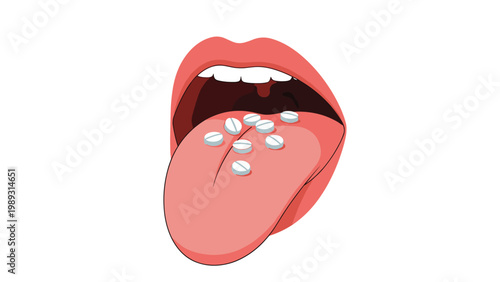 Illustration of an open mouth with multiple small white pills resting on the pink tongue, depicting medication or supplement intake.