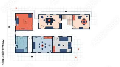 Detailed architectural floor plan showing various rooms with furniture layouts and color-coded zones for interior design planning.