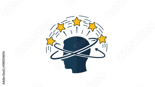 Silhouette of a human head with yellow stars spinning in orbits around it representing dizziness, confusion, or a concussion.