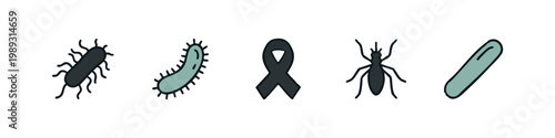 Infection and Illness Icons: Bacteria, Ribbon, Insect, Rod