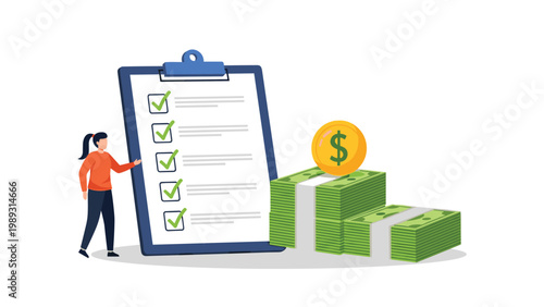 Business woman standing beside a giant checklist with green checkmarks and stacks of green money bills topped with a dollar coin.