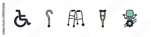 Mobility Aid Icons: Wheelchair, Cane, Walker, Crutches, Lift Chair