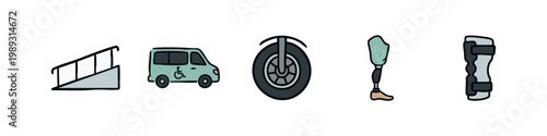 Accessibility and Transport Icons: Ramp, Van, Wheel, Prosthetic, Brace