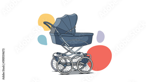 Vintage style blue baby stroller with large wheels and a foldable canopy shown against colorful abstract shapes for children.