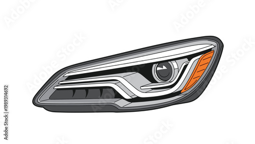 Close-up illustration of a sleek modern car headlight with led lights and integrated orange turn signals in a gray housing.