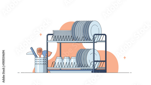 Home organization illustration showing two tier metallic dish drying rack filled with white plates, bowls, and kitchen utensils on counter.