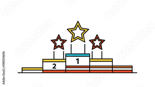 Winner podium with three tiered levels and gold stars above representing first, second, and third place achievements and success.