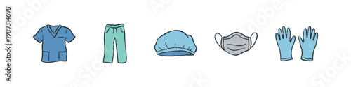 Medical Uniform and PPE Icons: Scrubs, Cap, Mask, Gloves