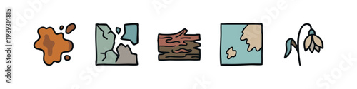 Group of 5 simple icons depicting natural elements and their transformation