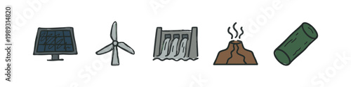 Colored energy source icons: solar panel, wind turbine, dam, volcano, wood
