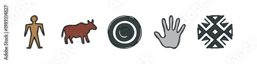 Colored prehistoric art icons: human figure, bull, spiral, hand, symbol