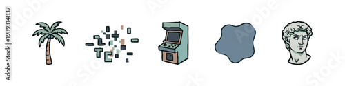 Collection of 5 hand-drawn icons: palm tree, digital glitch, arcade machine, blob, and bust