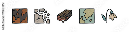 Collection of 5 hand-drawn icons representing decay and nature elements