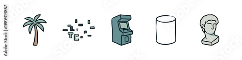 Set of 5 simple, hand-drawn icons: palm tree, pixels, arcade game, cylinder, and bust