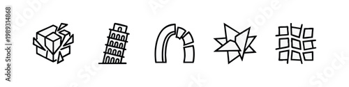 Line art icons: fractured cubes, Leaning Tower of Pisa, broken arch, starburst, and grid