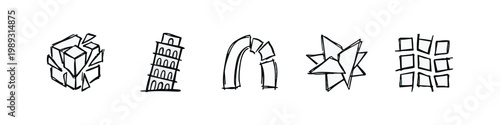 Sketch-style icons: fractured cubes, Leaning Tower of Pisa, broken arch, starburst, and grid