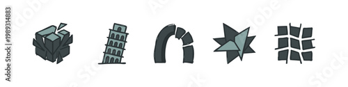 Dark hand-drawn icons: broken blocks, Leaning Tower of Pisa, broken arch, star, and grid