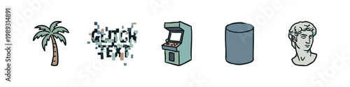 Five hand-drawn icons: palm tree, pixelated text, arcade cabinet, cylinder, and sculpted head