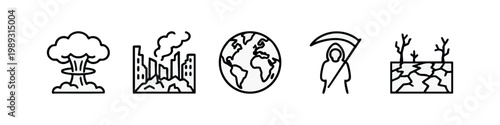 Set of line art icons representing destruction, pollution, and death