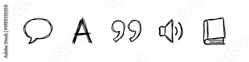 Communication and Language Icons: Speech Bubble, Letter A, Quotes, Speaker, Book