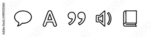 Communication and Language Icons: Speech Bubble, Letter A, Quotes, Speaker, Book