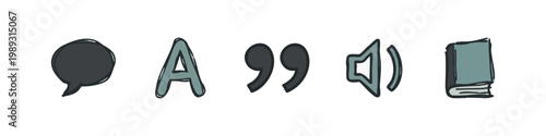 Communication and Language Icons: Speech Bubble, Letter A, Quotes, Speaker, Book